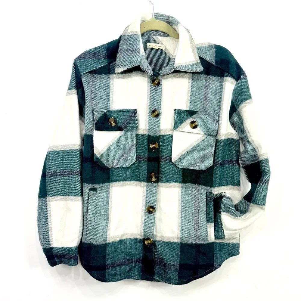 L.A. Hearts Green White Plaid Fuzzy Flannel Button Up Shacket Coat